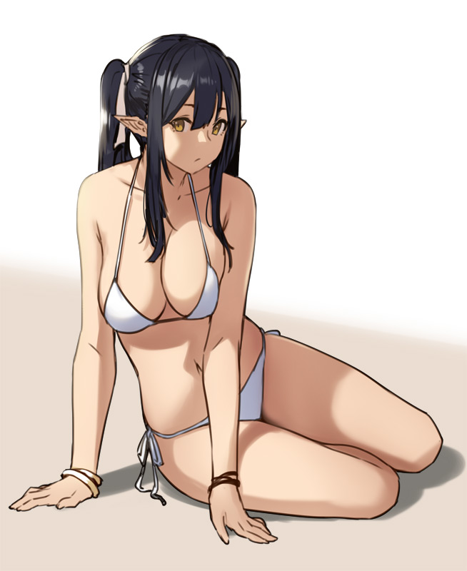 1girl arm_support bikini black_hair breasts brown_eyes cleavage elf elf_(houtengeki) full_body gradient gradient_background hair_between_eyes hair_ribbon halterneck houtengeki large_breasts navel original pointy_ears ribbon side-tie_bikini sidelocks simple_background sitting solo swimsuit twintails white_bikini wristband yokozuwari