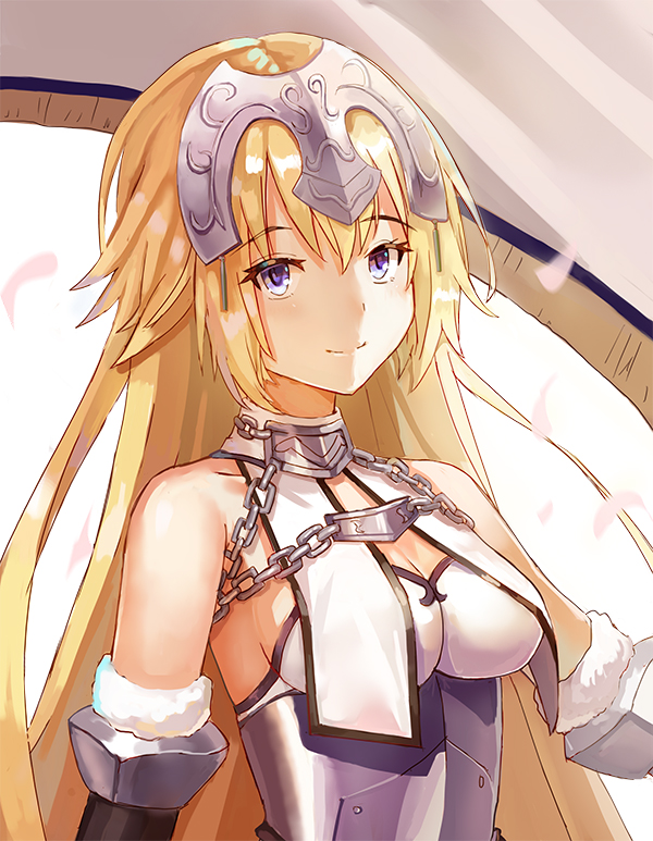 1girl armor blonde_hair blue_eyes breasts chains cleavage detached_sleeves eyebrows_visible_through_hair fate/apocrypha fate_(series) floating_hair hair_between_eyes long_hair medium_breasts mix_(meini) ruler_(fate/apocrypha) sideboob smile solo upper_body very_long_hair