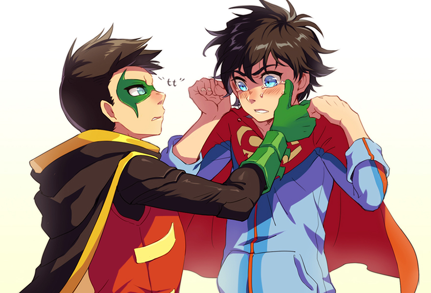 2boys blue_eyes cr72 crying crying_with_eyes_open damian_wayne dc_comics domino_mask green_eyes jonathan_kent male_focus mask multiple_boys robin_(dc) super_sons superboy tears