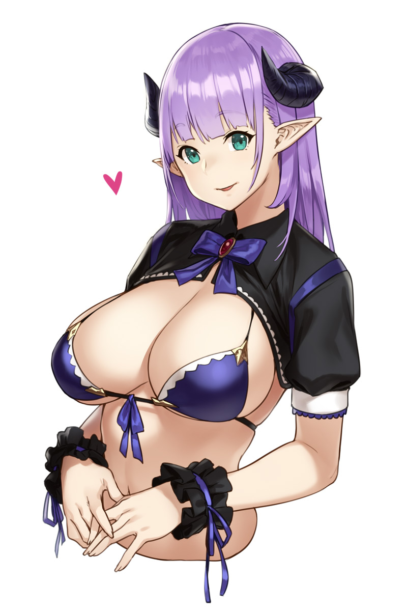 1girl aqua_eyes bangs bikini_top blue_bow blue_bowtie blunt_bangs bow bowtie breasts brooch cleavage commentary demon_girl demon_horns heart highres horns houtengeki jewelry large_breasts long_hair looking_at_viewer navel original parted_lips pointy_ears puffy_short_sleeves puffy_sleeves purple_hair short_sleeves smile solo stomach upper_body wrist_cuffs