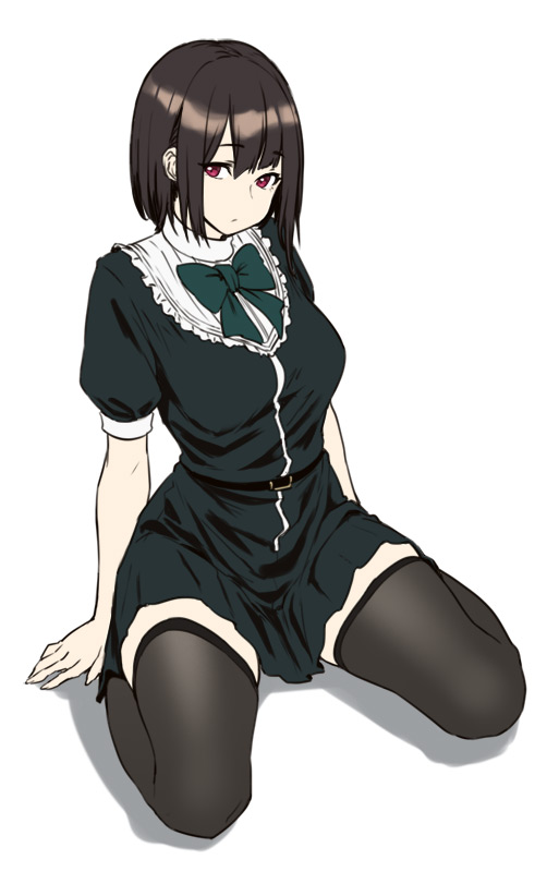 1girl bangs black_dress black_hair black_legwear closed_mouth dress eyebrows_visible_through_hair full_body houtengeki legs_apart looking_at_viewer original puffy_short_sleeves puffy_sleeves shadow short_dress short_sleeves sidelocks simple_background sitting solo thigh-highs violet_eyes wariza white_background