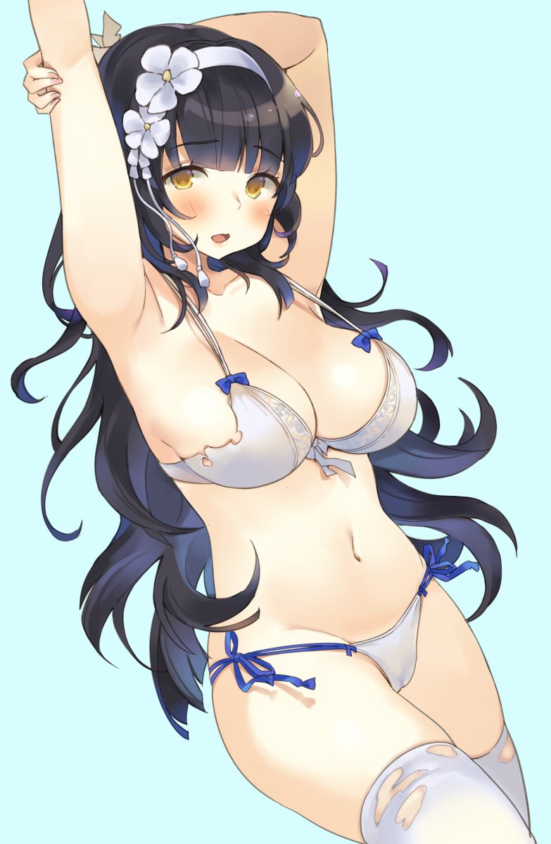 1girl armpits arms_up bangs bikini black_hair blue_background blue_bow blush bow breasts cleavage cowboy_shot eyebrows_visible_through_hair flower girls_frontline groin hair_flower hair_ornament hairband halter_top halterneck hand_on_own_arm highres hym9594 large_breasts long_hair looking_at_viewer navel open_mouth qbz-95_(girls_frontline) side-tie_bikini sidelocks simple_background solo swimsuit thigh-highs torn_bikini torn_clothes torn_thighhighs white_bikini white_legwear yellow_eyes
