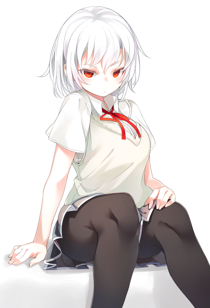 1girl akira_(tsunekichi) bangs black_legwear blouse blush breasts closed_mouth expressionless grey_skirt hair_between_eyes hand_on_own_chest knees large_breasts looking_at_viewer original pantyhose pleated_skirt red_eyes school_uniform short_hair short_sleeves simple_background sitting skirt solo sweater_vest thighs tsunekichi tsurime white_background white_blouse white_hair