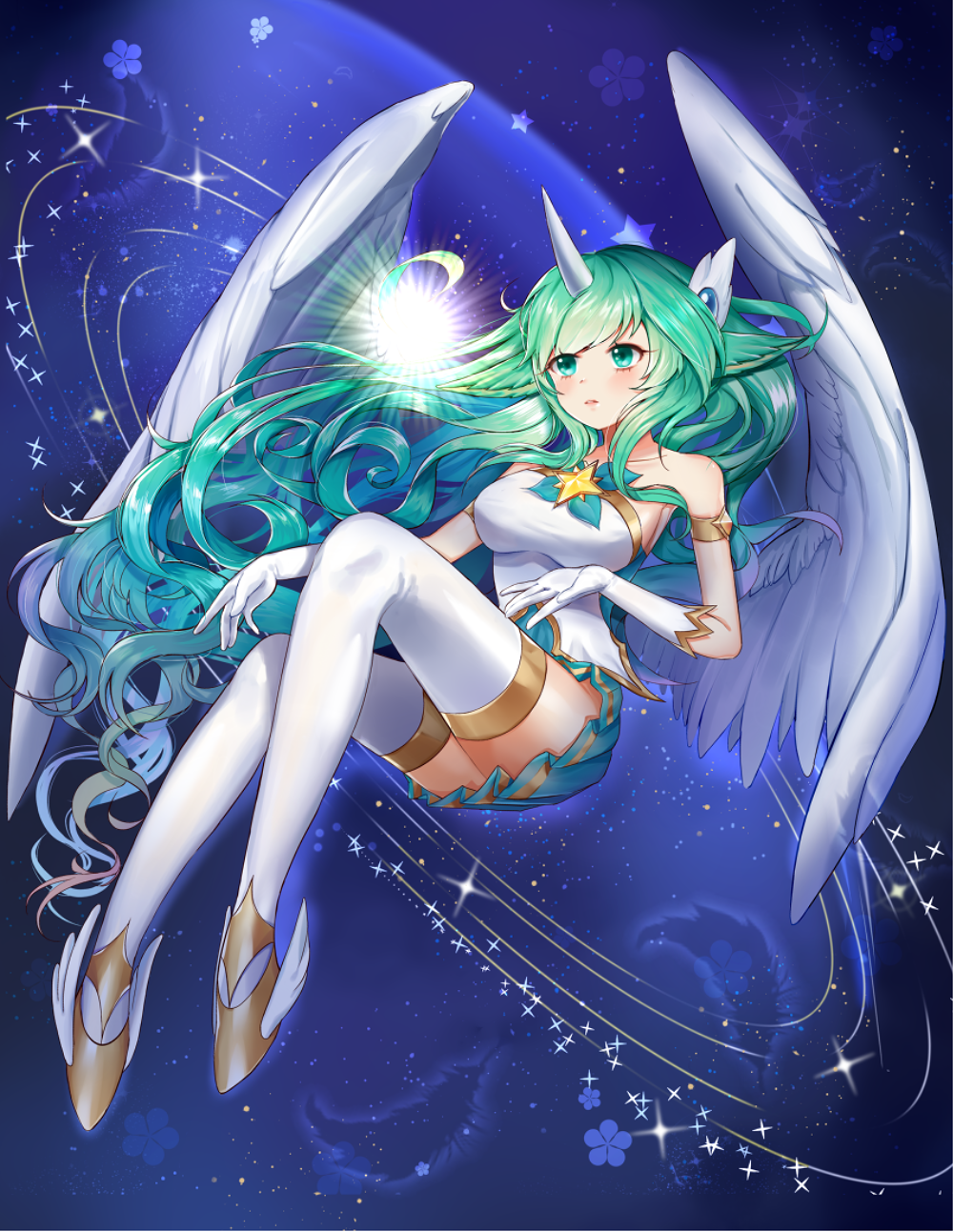 1girl alternate_costume alternate_eye_color alternate_hair_color alternate_hairstyle aqua_eyes aqua_hair full_body gloves green_hair highres horn league_of_legends long_hair shorarung solo soraka star_guardian_soraka thigh-highs very_long_hair white_gloves white_legwear white_wings wings