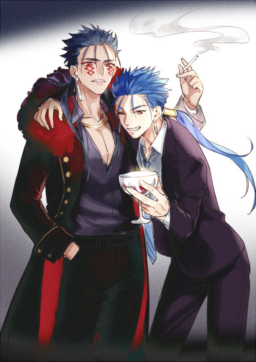 &gt;:d 1boy :d alcohol black_jacket blue_eyes blue_necktie blue_shirt cigarette cu_chulainn_alter_(fate/grand_order) cup drinking_glass dual_persona fate/grand_order fate/stay_night fate_(series) fhalei fur_trim hair_tubes hand_in_pocket holding holding_cigarette holding_drinking_glass hug jacket jewelry lancer leaning_on_person long_hair looking_at_viewer male_focus necklace necktie one_eye_closed open_mouth parted_lips pointy_hair ponytail red_eyes shirt smile smoke smoking standing wine