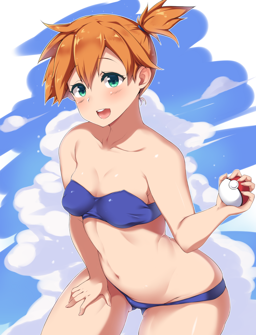 1girl :d bandeau bare_shoulders bent_over bikini blue_bikini blue_sky breasts cowboy_shot day gluteal_fold green_eyes hand_on_own_thigh highres kasumi_(pokemon) leaning_forward moisture_(chichi) navel open_mouth orange_hair outdoors poke_ball pokemon pokemon_(anime) short_hair short_sidetail sky small_breasts smile solo swimsuit