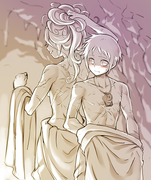 1boy 1girl back-to-back blush breasts cave clenched_hand closed_mouth collarbone cr72 height_difference holding holding_hair long_hair lyza made_in_abyss medium_breasts monochrome profile scar sepia short_hair sketch smile sweatdrop topless torka undressing whistle