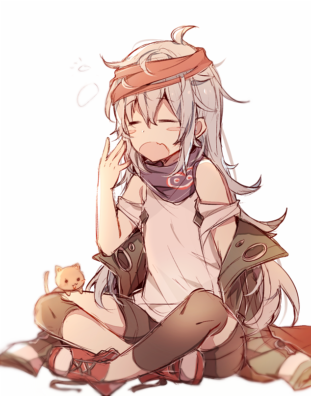 1girl =_= assault_rifle bare_shoulders bike_shorts blush_stickers cat commentary doodle g11 g11_(girls_frontline) girls_frontline grey_hair gun headband indian_style jacket kvlen long_hair off_shoulder open_mouth rifle shoes sitting sneakers solo weapon yawning