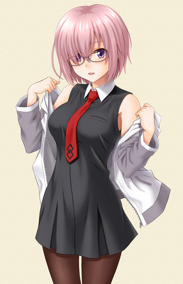 1girl :d black-framed_eyewear black_dress breasts brown_legwear commentary cowboy_shot dress eyebrows_visible_through_hair fate_(series) green_background grey_jacket hair_over_one_eye hida_tatsuo highres jacket long_sleeves medium_breasts necktie off_shoulder open_clothes open_jacket open_mouth pantyhose pink_hair red_necktie shielder_(fate/grand_order) shiny shiny_hair short_hair simple_background sleeveless sleeveless_dress smile solo standing track_jacket undressing unzipped violet_eyes zipper