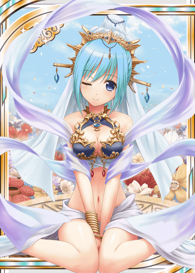 1girl akkijin blue_eyes blue_hair bra card_(medium) crown flower gauntlets jewelry one_eye_closed sapphire_(stone) shinkai_no_valkyrie sitting solo underwear