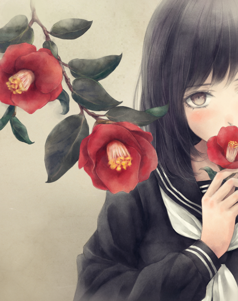 1girl beige_background black_hair black_sailor_collar black_serafuku black_shirt blush branch brown_eyes commentary_request eyebrows_visible_through_hair flower_request leaf long_sleeves looking_at_viewer medium_hair neckerchief nuwanko original school_uniform serafuku shirt smelling_flower solo white_neckerchief