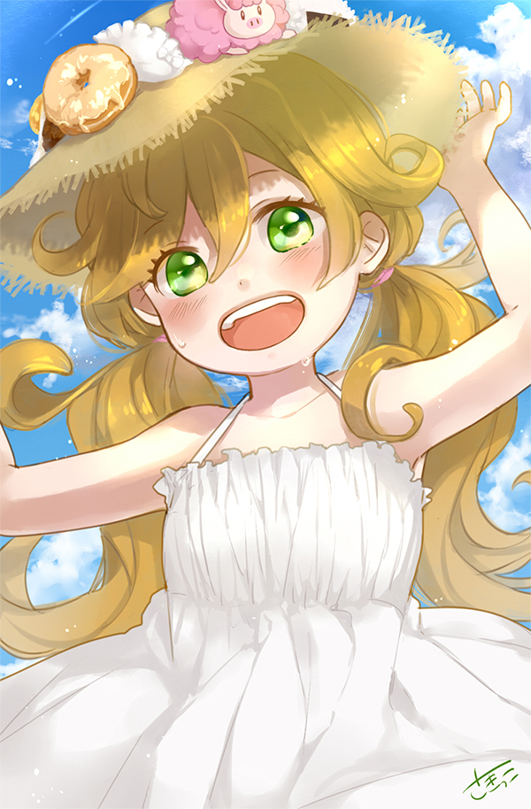 1girl amaama_to_inazuma artist_name blush brown_hair candy clouds cloudy_sky doughnut dress eyebrows_visible_through_hair food green_eyes happy hat inuzuka_tsumugi long_hair looking_at_viewer open_mouth sakikko sky smile solo_focus straw_hat twintails wet white_dress