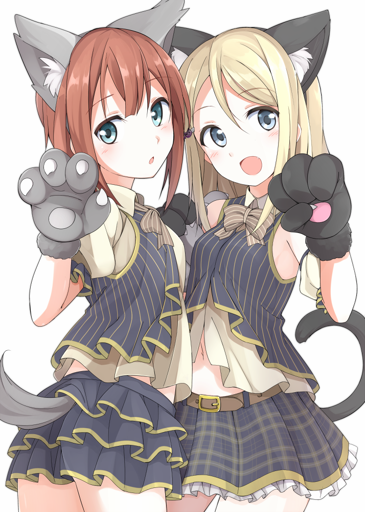 2girls :d animal_ears ayase_arisa belt blonde_hair blue_eyes blue_jacket blue_skirt blush bow bowtie brown_hair checkered checkered_skirt commentary_request cowboy_shot detached_sleeves eyebrows_visible_through_hair fang frilled_skirt frills grey_bow grey_bowtie hair_between_eyes jacket kousaka_yukiho long_hair looking_at_viewer love_live! love_live!_school_idol_project medium_hair mobu multiple_girls open_mouth parted_lips paw_pose paws shirt simple_background skirt sleeveless_jacket smile tail white_background white_shirt