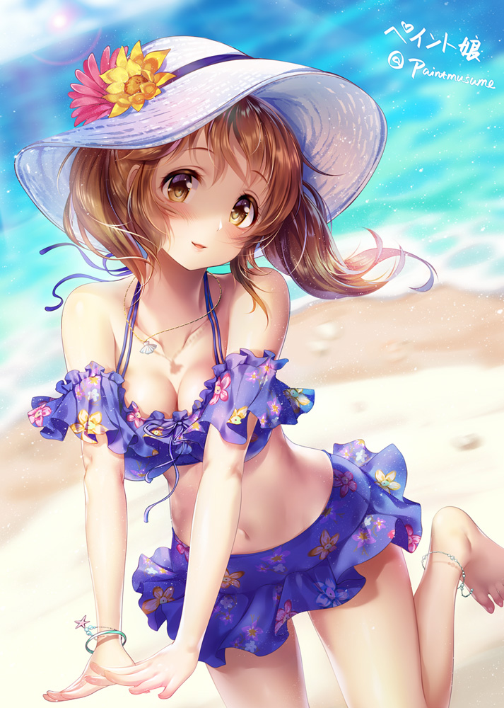 1girl anklet beach bikini blush bracelet breasts brown_hair cleavage flower frilled_bikini frills hat hat_flower idolmaster idolmaster_cinderella_girls idolmaster_cinderella_girls_starlight_stage jewelry large_breasts long_hair looking_at_viewer navel smile solo swimsuit totoki_airi twintails youqiniang