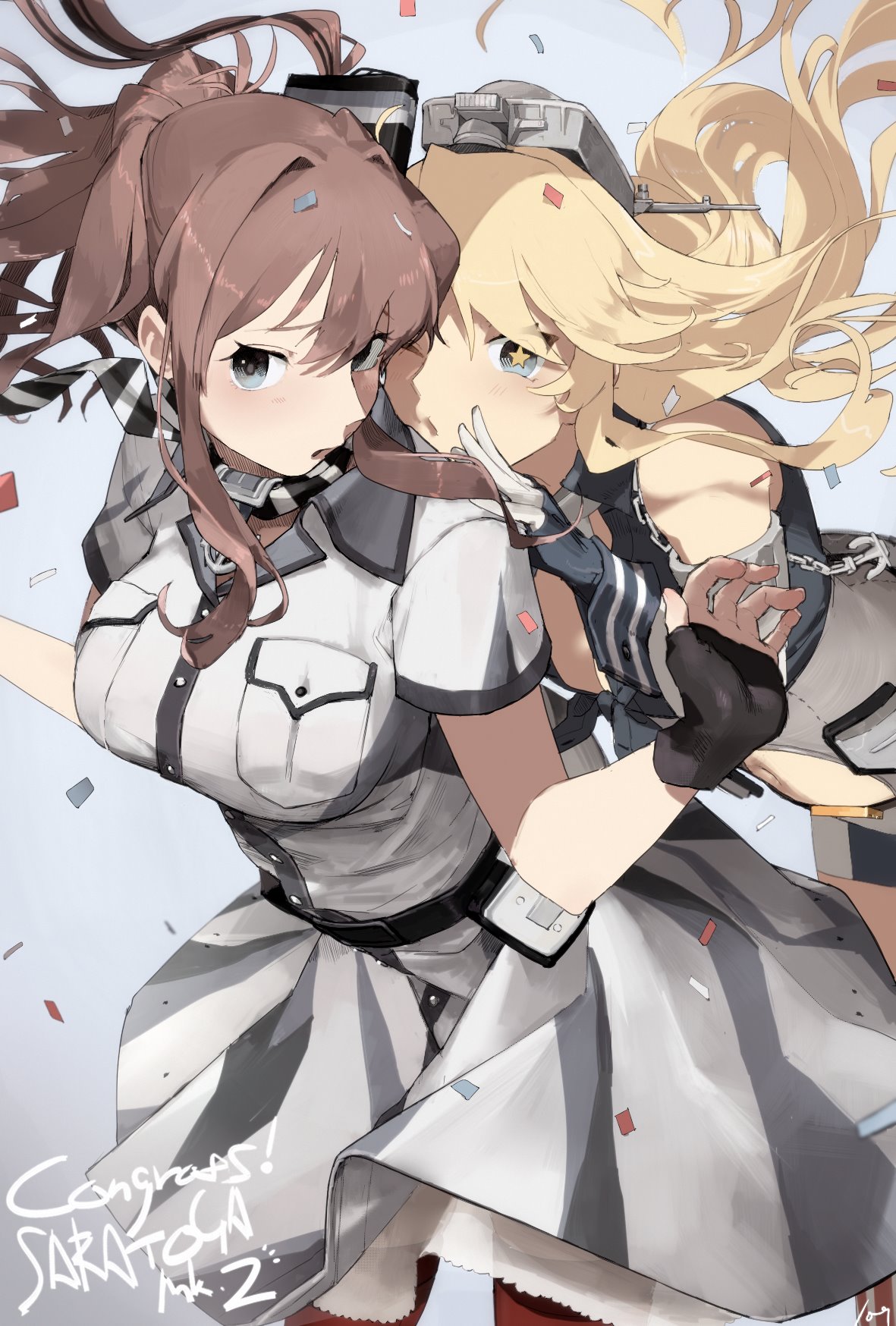 2girls anchor bare_shoulders black_belt black_gloves blonde_hair blouse blue_background blue_eyes blush breast_pocket breasts brown_hair camouflage character_name cleavage confetti english fingerless_gloves front-tie_top gloves gradient gradient_background grey_blouse hageshii_nakano hair_intakes hat headgear highres iowa_(kantai_collection) kantai_collection large_breasts leaning_forward long_hair looking_at_another looking_back multiple_girls open_mouth pocket ponytail red_legwear remodel_(kantai_collection) saratoga_(kantai_collection) short_sleeves side_ponytail smokestack_hair_ornament whispering wind wind_lift