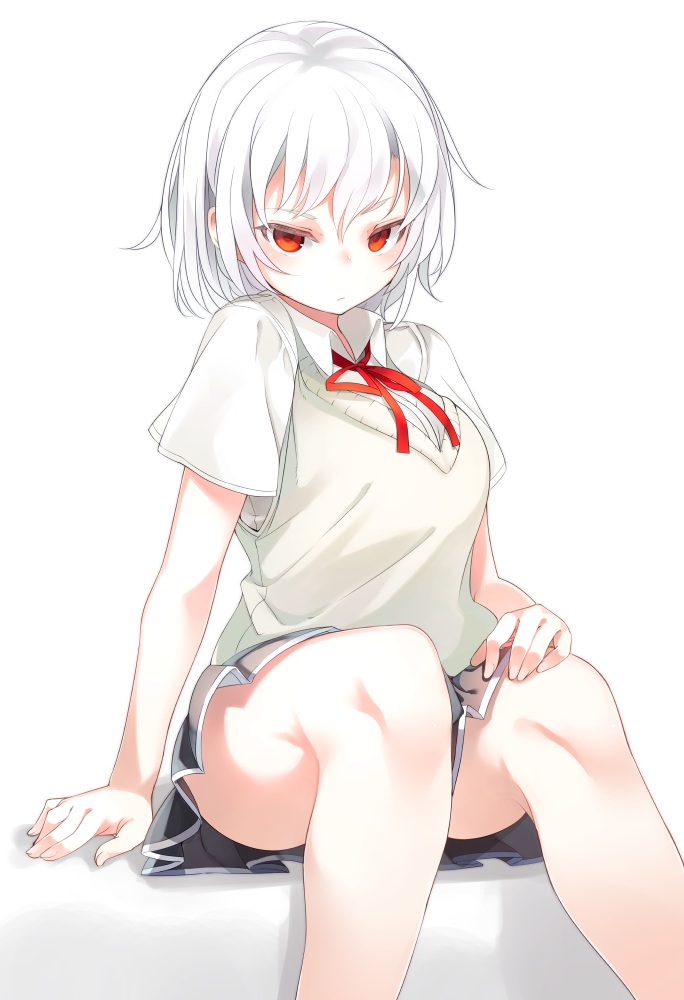 1girl akira_(tsunekichi) bangs blouse blush breasts closed_mouth expressionless grey_skirt hair_between_eyes hand_on_own_chest knees large_breasts looking_at_viewer original pleated_skirt red_eyes school_uniform short_hair short_sleeves simple_background sitting skirt solo sweater_vest thighs tsunekichi tsurime white_background white_blouse white_hair