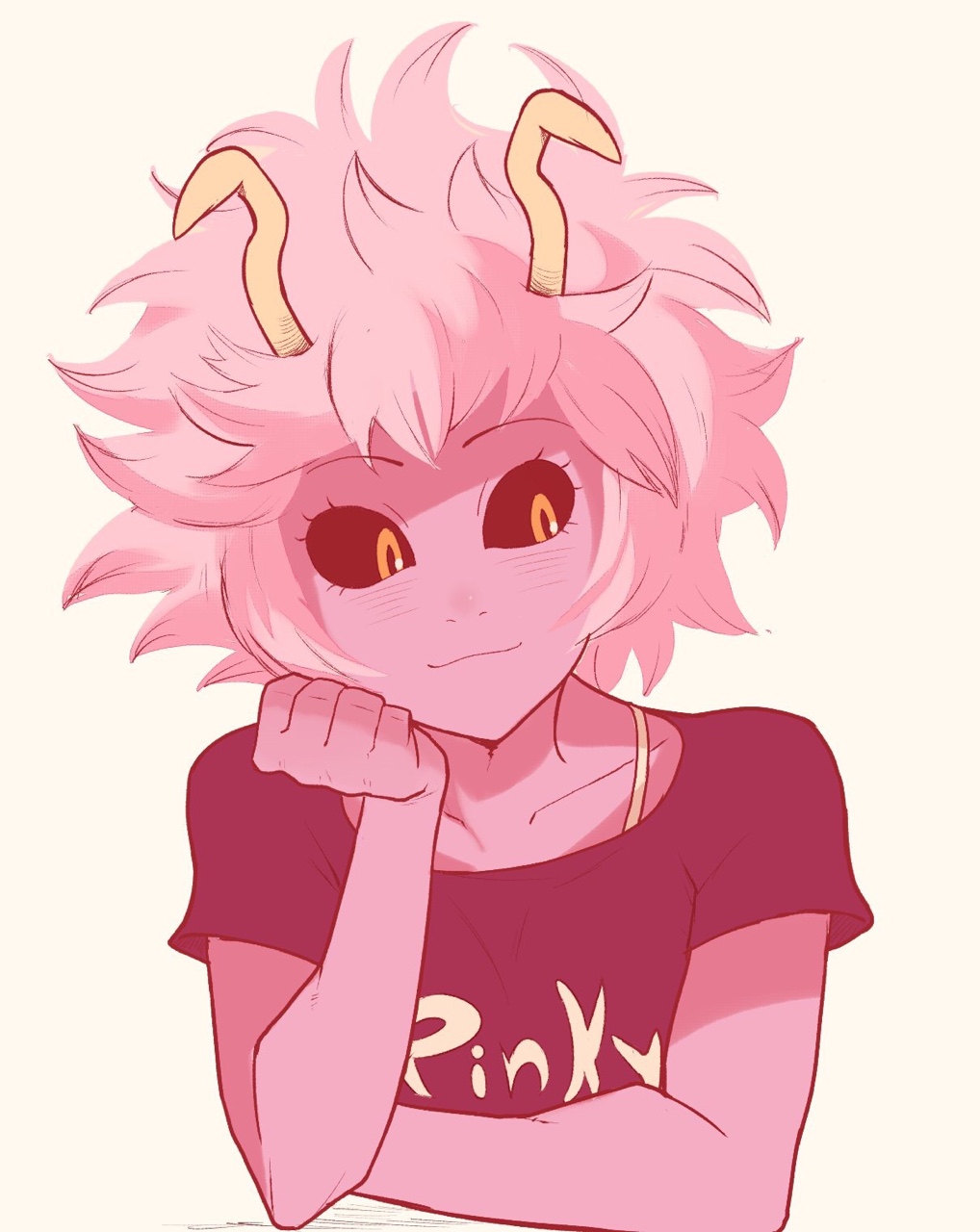 1girl ashido_mina black_sclera boku_no_hero_academia bra_strap collarbone downscaled head_rest highres horns md5_mismatch messy_hair orange_eyes pink_hair pink_skin resized sally_(luna-arts) shirt short_hair smile solo t-shirt upper_body