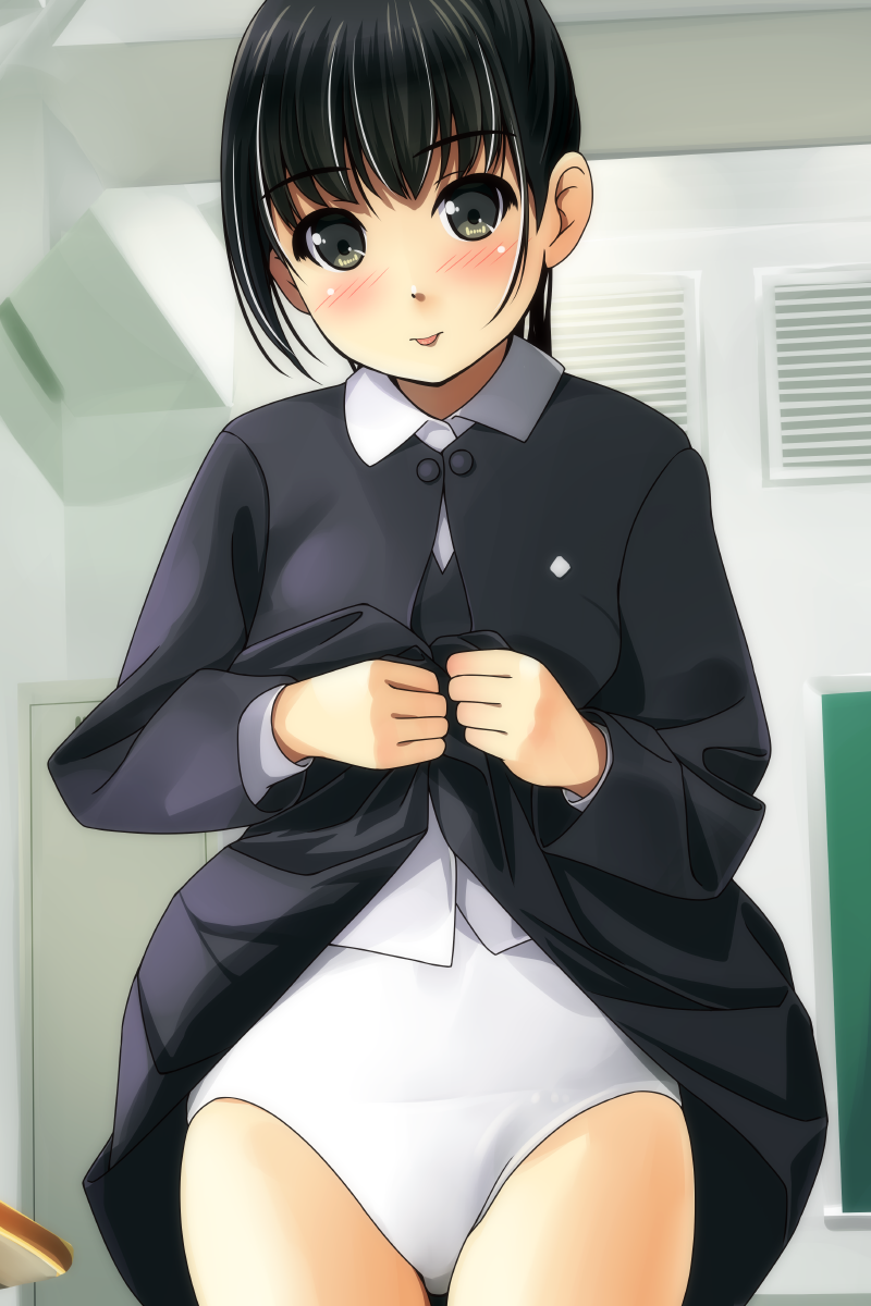 1girl :p black_hair black_jacket black_skirt blazer blush classroom competition_swimsuit cowboy_shot eyebrows_visible_through_hair green_eyes highres indoors jacket lifted_by_self long_hair long_sleeves looking_at_viewer matsunaga_kouyou medium_skirt one-piece_swimsuit original ponytail school_uniform skirt skirt_lift solo standing swimsuit swimsuit_under_clothes tareme thighs tongue tongue_out white_swimsuit