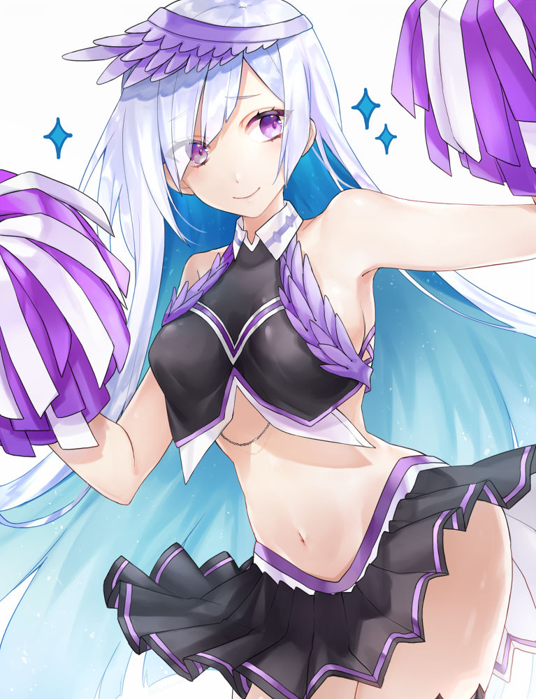 1girl blush breasts cheerleader fate/prototype fate_(series) hsiao lancer_(fate/prototype_fragments) long_hair navel pom_poms silver_hair skirt smile solo star very_long_hair violet_eyes wind wind_lift