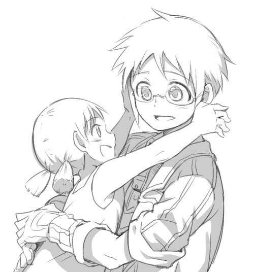 1boy 1girl :d bespectacled blush child cr72 eyebrows_visible_through_hair glasses gloves holding jacket long_hair looking_at_another made_in_abyss monochrome open_clothes open_jacket open_mouth outstretched_arms parted_lips profile riko_(made_in_abyss) short_hair short_twintails sketch smile torka twintails upper_body whistle