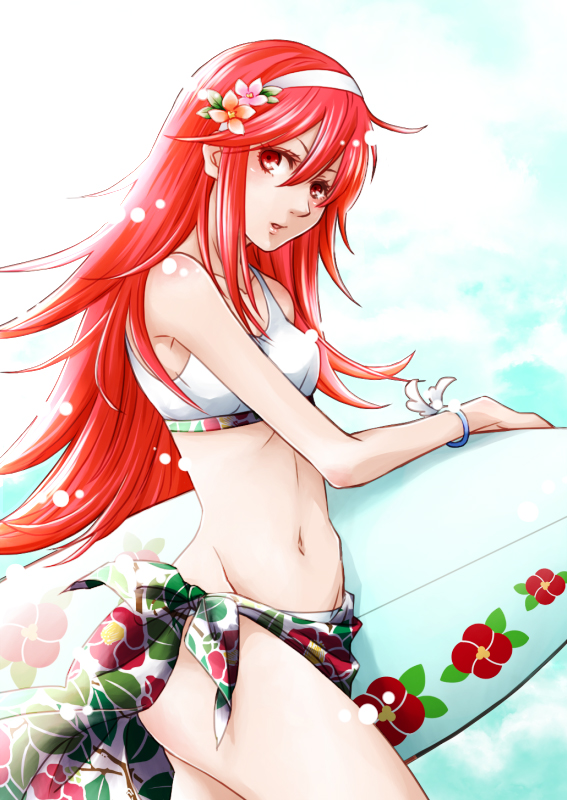 1girl bikini ebi_puri_(ebi-ebi) fire_emblem fire_emblem_if flower groin hair_flower hair_ornament hairband long_hair matoi_(fire_emblem_if) navel red_eyes redhead side-tie_bikini solo surfboard swimsuit