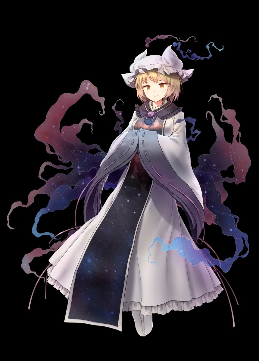 1girl blonde_hair blush breasts dress fox_tail frills full_body hands_in_sleeves hat highres kyuubi large_breasts looking_at_viewer minust multiple_tails pillow_hat smile solo tabard tail tassel touhou white_dress wide_sleeves yakumo_ran yellow_eyes