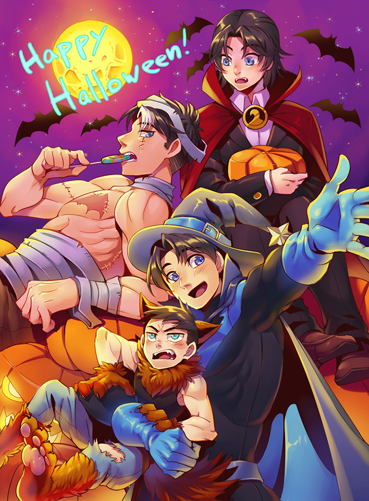 4boys bandage bat black_hair blue_eyes blue_gloves blush bodysuit candy cape cosplay cr72 damian_wayne dc_comics denim dick_grayson fangs food frankenstein's_monster frankenstein's_monster_(cosplay) full_moon gloves green_eyes halloween_costume hat jack-o'-lantern jason_todd jeans lollipop looking_at_another looking_at_viewer moon multicolored_hair multiple_boys pants pumpkin scar sky sleeveless smile star_(sky) starry_sky streaked_hair swirl_lollipop tank_top tim_drake torn_clothes vampire_costume werewolf wizard wizard_hat