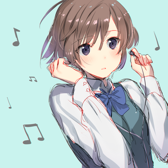 1girl bangs beamed_quaver blush bob_cut brown_hair collared_shirt crotchet earphones eyebrows_visible_through_hair green_background hair_between_eyes hands_up holding listening_to_music long_sleeves musical_note original parted_lips quaver shirt short_hair simple_background sketch solo upper_body violet_eyes weee_(raemz) white_shirt