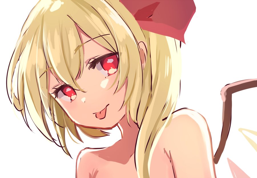 1girl backlighting bangs blonde_hair bow closed_mouth eyebrows_visible_through_hair face flandre_scarlet hair_between_eyes hair_bow hair_over_shoulder looking_at_viewer nude paragasu_(parags112) portrait red_bow red_eyes side_ponytail simple_background solo tongue tongue_out touhou white_background