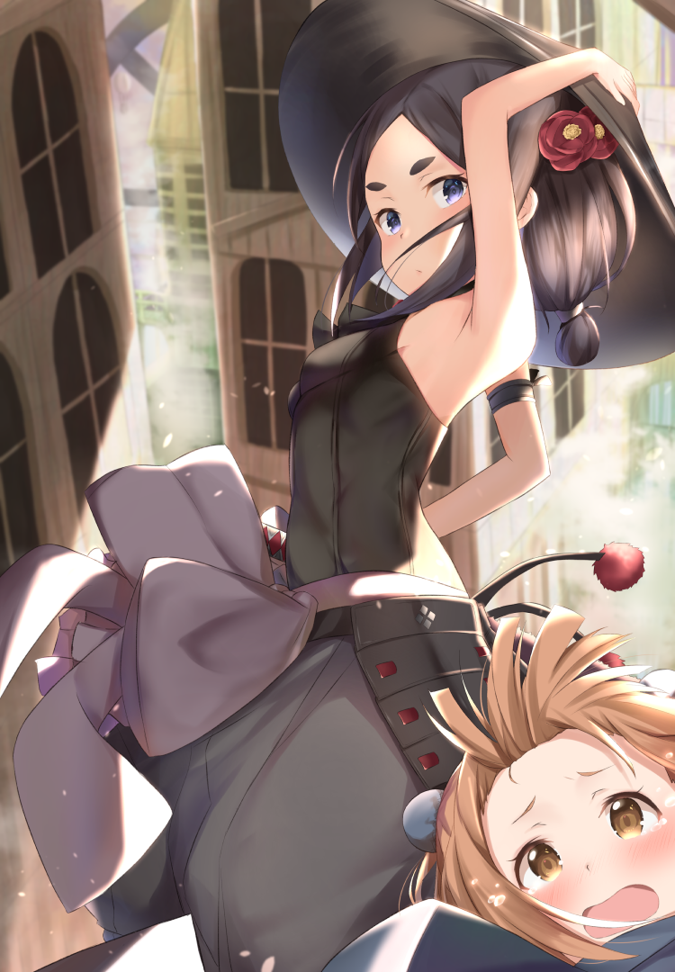 2girls 3: arm_up armor armpits baggy_pants bangs beatrice_(princess_principal) black_hair blue_eyes blurry blush breasts brown_eyes brown_hair camellia d: day depth_of_field flower forehead hair_flower hair_ornament hat japanese_armor kusazuri maosame multiple_girls open_mouth outdoors pants photobomb princess_principal red_flower rice_hat sidelocks sleeveless small_breasts tears thick_eyebrows toudou_chise