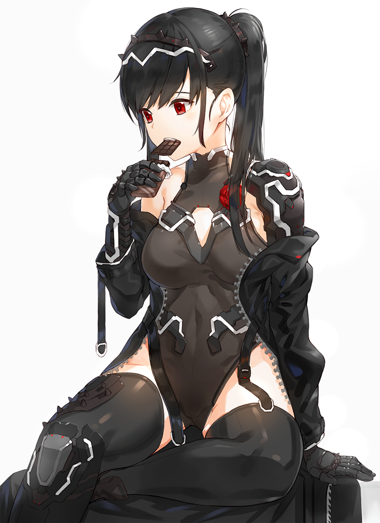 1girl armor bangs black_hair black_jacket black_legwear black_leotard boots chocolate_bar eating hair_ornament hairband jacket kfr knee_boots leotard long_hair looking_to_the_side off_shoulder original ponytail prosthesis prosthetic_arm red_eyes shoulder_armor simple_background sitting thigh-highs unzipped zipper