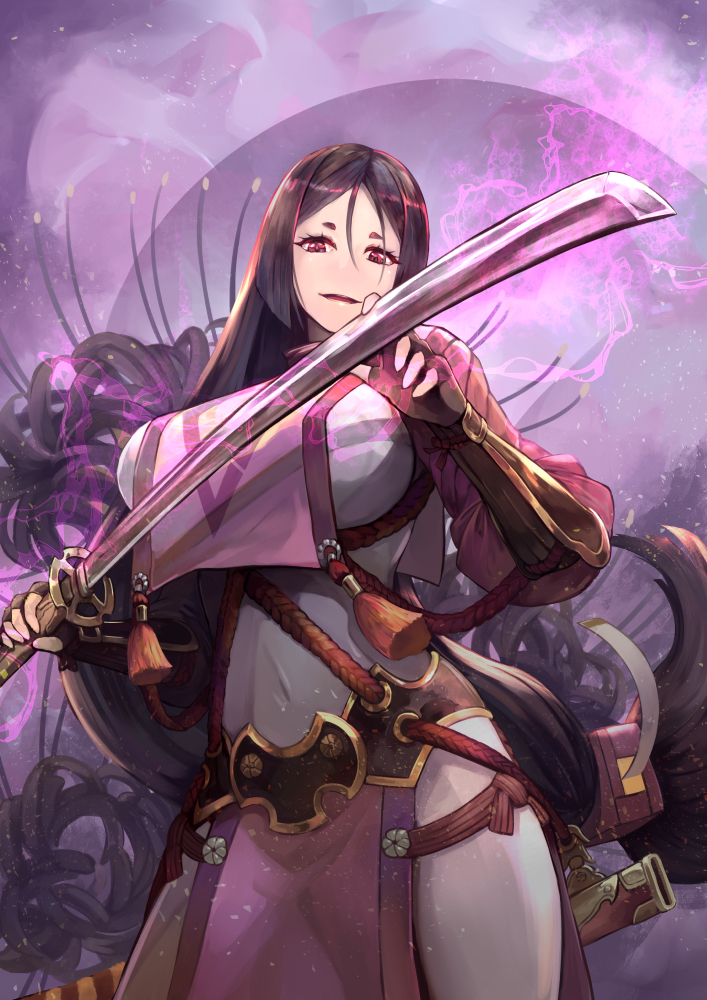 1girl bodysuit breasts fate/grand_order fate_(series) kawahara_ryuuta long_hair looking_at_viewer minamoto_no_raikou_(fate/grand_order) purple_hair smile solo sword weapon