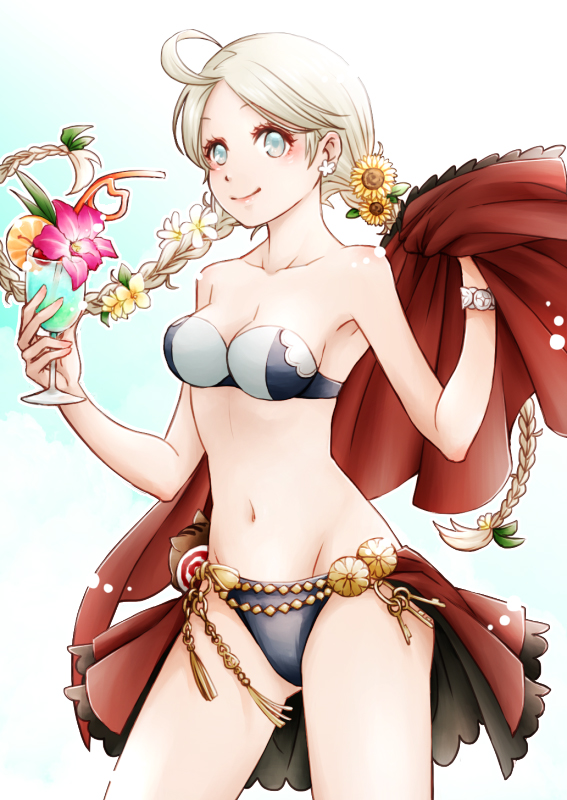 1girl ahoge armpits bikini blue_eyes braid breasts cape cleavage cup drinking_glass earrings ebi_puri_(ebi-ebi) eponine_(fire_emblem_if) fire_emblem fire_emblem_if food fruit groin jewelry key long_hair medium_breasts navel smile solo swimsuit twin_braids white_hair wristband