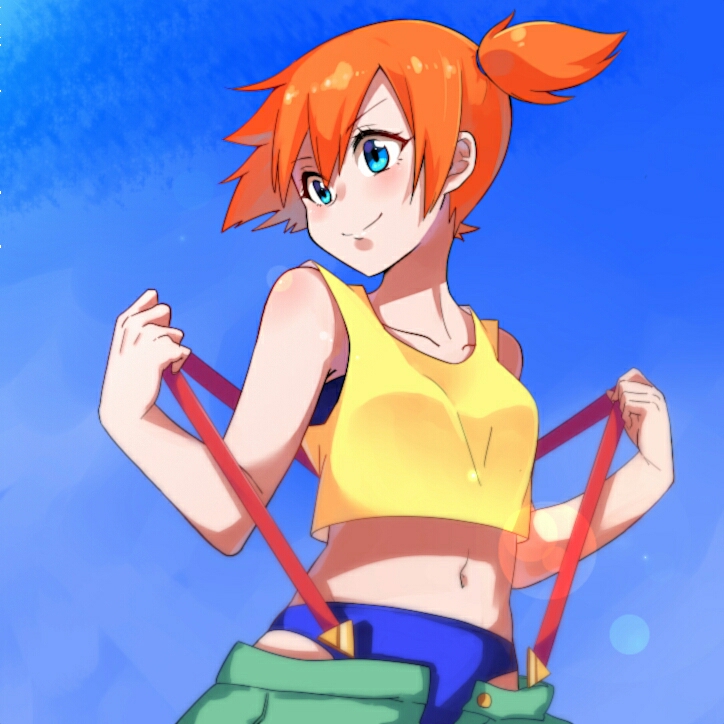 1girl bare_arms bare_shoulders bikini bikini_under_clothes blue_bikini blue_eyes closed_mouth collarbone crop_top cropped_shirt day female gym_leader hands_up kasumi_(pokemon) kmchi looking_to_the_side midriff navel orange_hair outdoors pokemon pulled_by_self shirt short_hair side_ponytail sleeveless sleeveless_shirt smile solo stomach suspenders suspenders_pull swimsuit undressing unzipped upper_body