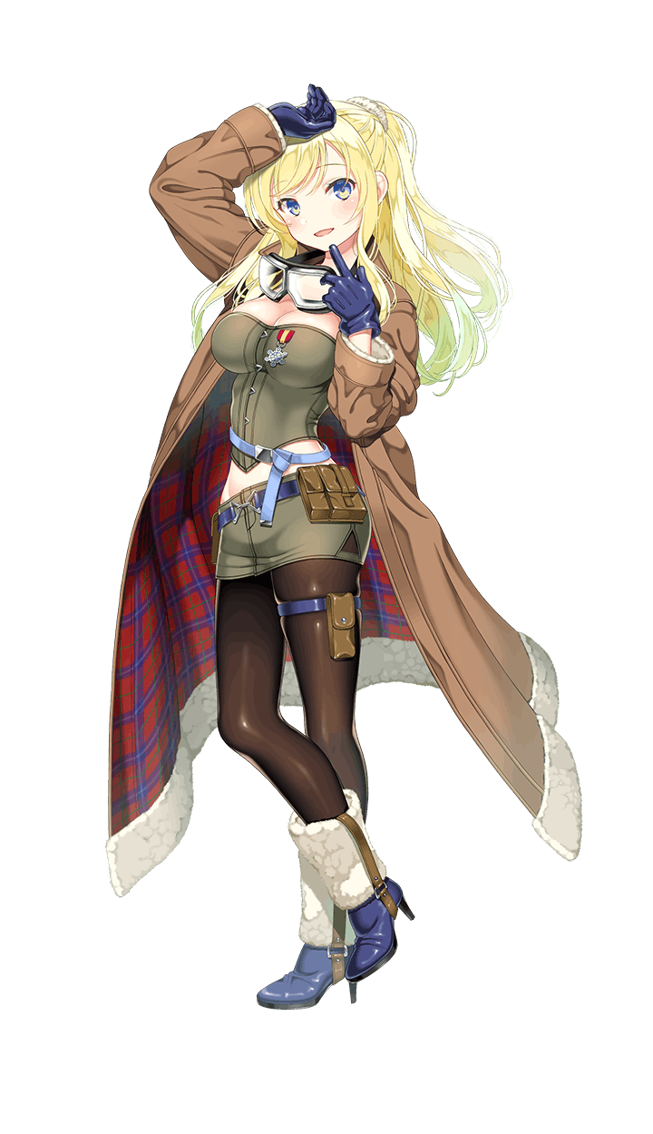 1girl :d adelina_ilyushina bangs blonde_hair blue_boots blue_eyes blue_gloves boots breasts brown_coat cleavage coat formation_girls full_body gloves goggles goggles_on_head hand_on_own_head high_heel_boots high_heels highres kamura_poku large_breasts looking_at_viewer midriff official_art open_mouth pantyhose short_shorts shorts smile solo swept_bangs transparent_background trench_coat