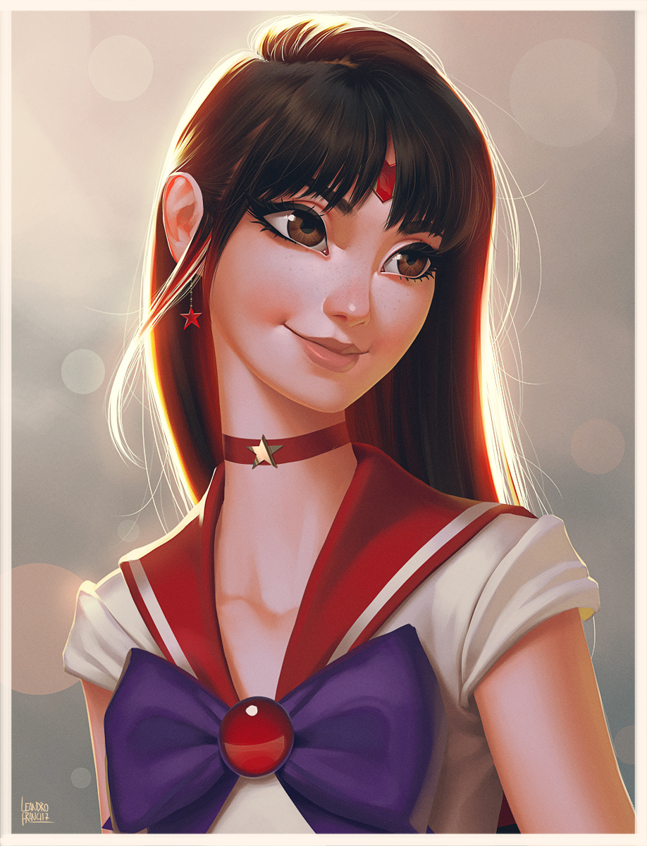 1girl artist_name bishoujo_senshi_sailor_moon black_hair blurry bokeh bow bowtie brown_eyes choker closed_mouth commentary depth_of_field earrings eyelashes facial_mark forehead_mark highres jewelry leandro_franci lips long_hair nose purple_bow purple_bowtie red_choker red_skirt sailor_collar sailor_mars sailor_senshi shirt skirt smile solo star star_choker star_earrings upper_body white_shirt