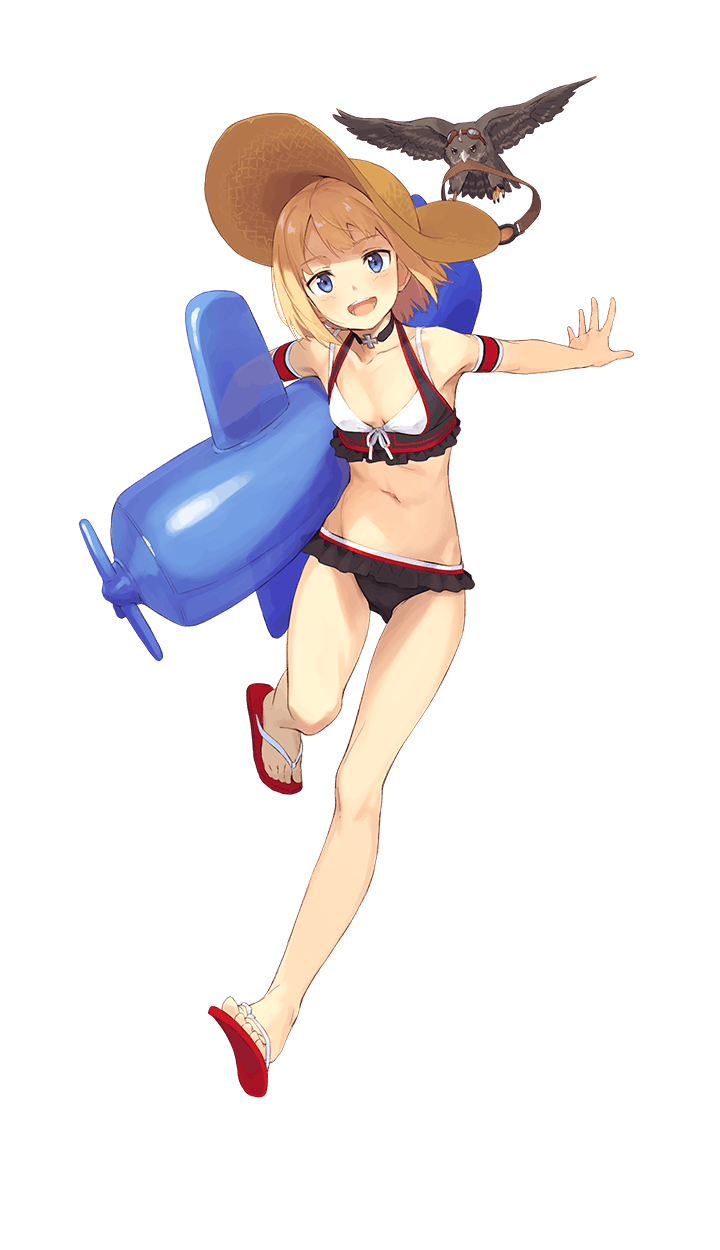 1girl :d bird blonde_hair blue_eyes breasts emilia_junkers formation_girls full_body hat hawk highres kinta_(distortion) midriff navel official_art open_mouth sandals short_hair small_breasts smile solo straw_hat transparent_background