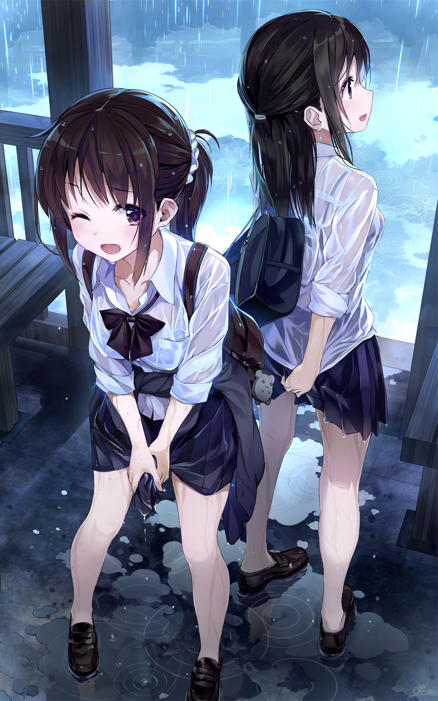 2girls ;d amagai_tarou backpack bag bag_charm bare_legs bench black_bow black_bowtie black_skirt bow bowtie bra brown_hair brown_shoes charm_(object) check_commentary clothes_around_waist collarbone collared_shirt commentary_request day duffel_bag eyebrows_visible_through_hair hair_ornament hair_scrunchie half_updo highres leaning_forward legs_apart loafers long_hair long_sleeves looking_at_viewer looking_away looking_to_the_side low_ponytail multiple_girls no_socks one_eye_closed open_mouth original pleated_skirt puddle rain reflection ripples school_bag school_uniform scrunchie see-through shirt shoes short_sleeves sidelocks signature skirt sleeves_pushed_up smile standing tareme underwear violet_eyes water wet wet_clothes wet_shirt white_bra white_shirt wing_collar wringing_clothes