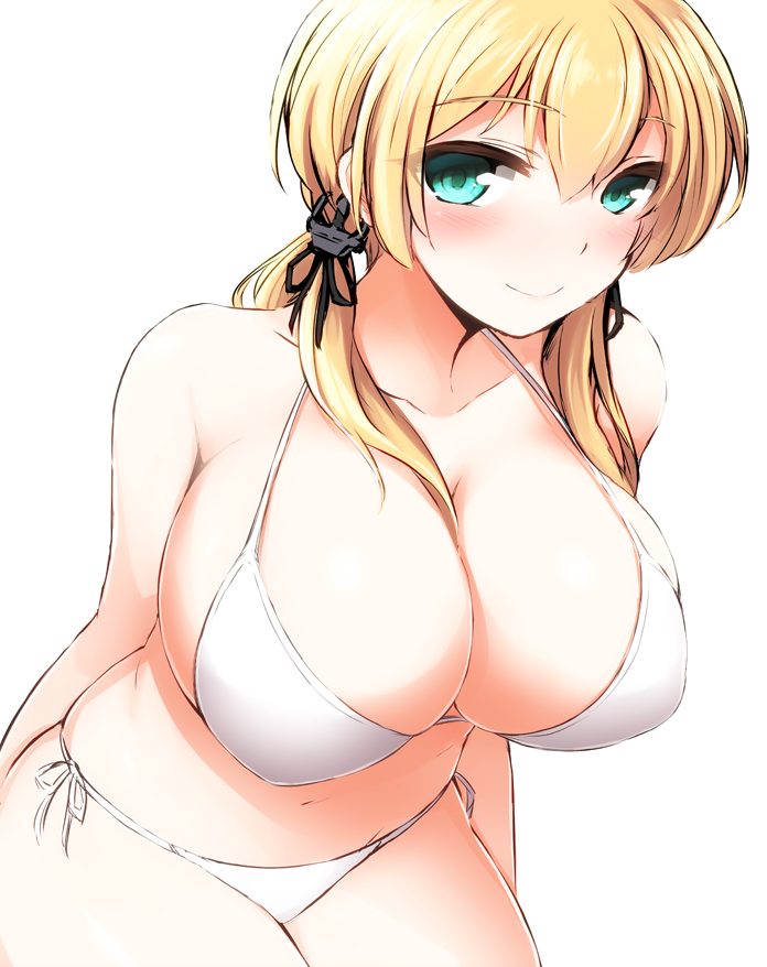 1girl bikini blonde_hair breasts closed_mouth don_(29219) green_eyes huge_breasts kantai_collection long_hair looking_to_the_side prinz_eugen_(kantai_collection) side-tie_bikini smile solo swimsuit twintails white_bikini