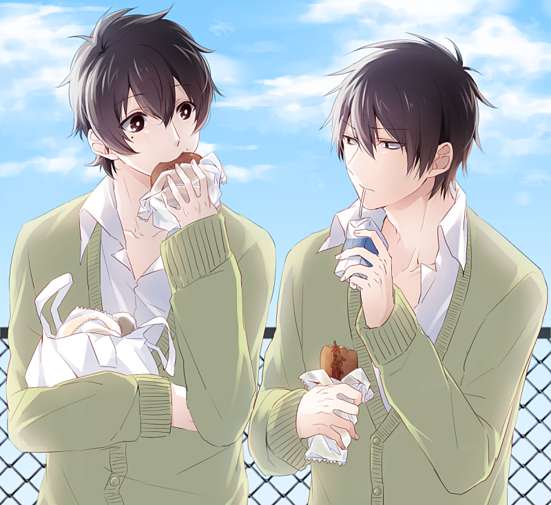 2boys black_hair curry_bread eating food food_in_mouth kagerou_project kisaragi_shintarou kokonose_haruka milk milk_carton mole mole_under_eye multiple_boys reano school_uniform short_hair yakisobapan