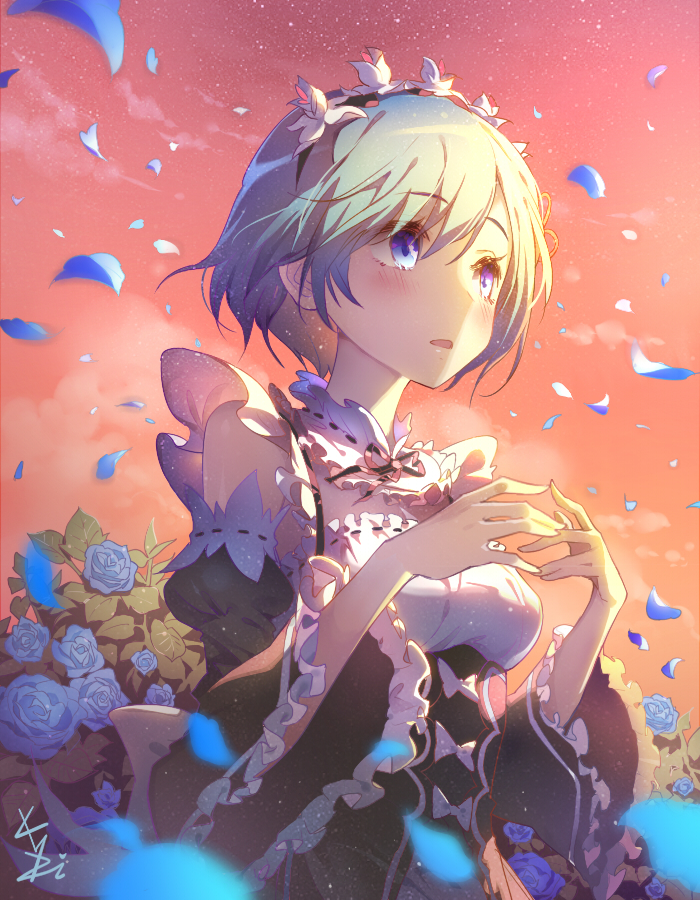 1girl artist_name bangs blue_eyes blue_hair blue_rose blurry blush breasts cleavage depth_of_field detached_collar detached_sleeves evening eyebrows_visible_through_hair flower frilled_sleeves frills hair_between_eyes hair_ornament hands_up headdress kakiman maid maid_headdress medium_breasts open_mouth petals re:zero_kara_hajimeru_isekai_seikatsu rem_(re:zero) revision rose rose_petals short_hair sidelocks signature solo sunset wide_sleeves