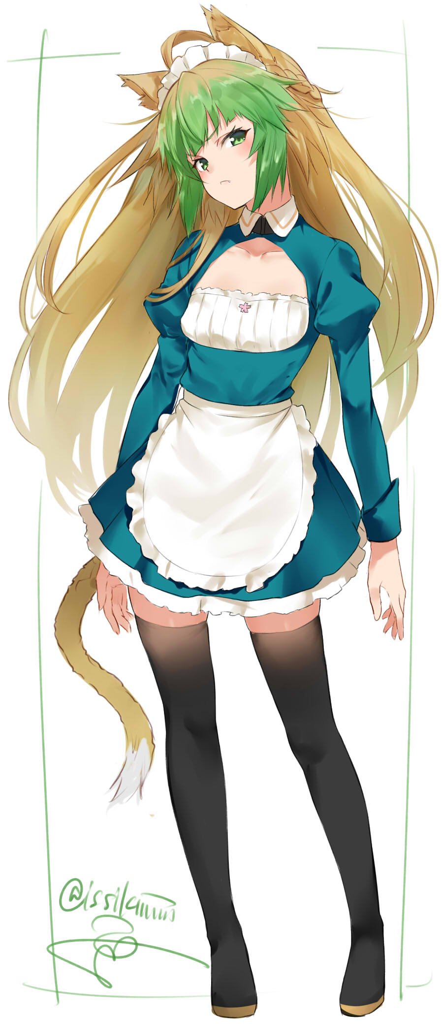 1girl ahoge alternate_costume animal_ears apron archer_of_red blonde_hair cat_ears cat_tail closed_mouth enmaided fate/apocrypha fate_(series) full_body green_eyes green_hair highres isshiki_(ffmania7) long_hair long_sleeves looking_at_viewer maid maid_headdress multicolored_hair simple_background solo tail thigh-highs twitter_username two-tone_hair very_long_hair waist_apron white_background