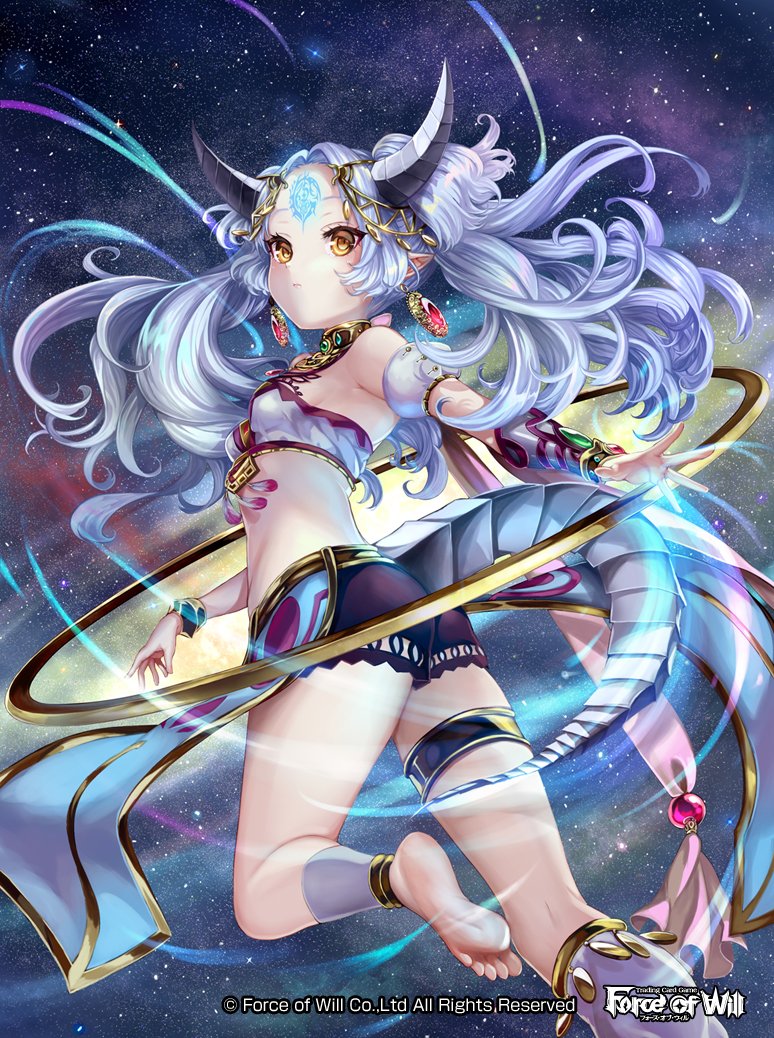 1girl back bare_shoulders barefoot blue_hair bracelet copyright_name dragon_tail earrings facial_mark feathers force_of_will forehead_mark hair_ornament horns jewelry long_hair midriff necklace official_art pisuke pointy_ears solo sparkle star_(sky) tail twintails yellow_eyes