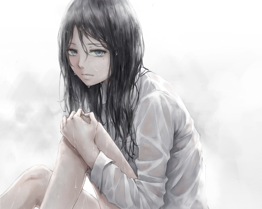 1girl bangs black_hair blue_eyes closed_mouth commentary from_side hair_between_eyes hand_on_own_knee long_sleeves looking_at_viewer looking_to_the_side mole mole_under_eye nuwanko original shirt sitting solo wet wet_clothes wet_hair white_shirt