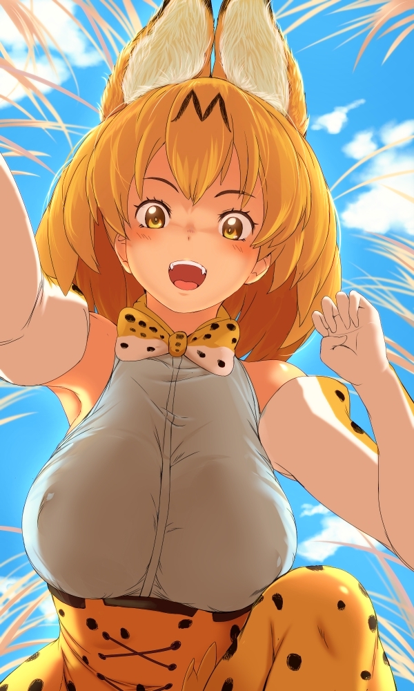 1girl :d animal_ears bare_shoulders blonde_hair blue_sky blush bow bowtie breasts brown_eyes clouds commentary_request day elbow_gloves fangs from_below gloves kemono_friends large_breasts long_hair looking_at_viewer looking_down open_mouth outdoors pekoneko print_bowtie print_gloves revision ribbon-trimmed_skirt ribbon_trim serval_(kemono_friends) serval_ears serval_print sky smile solo white_gloves yellow_eyes