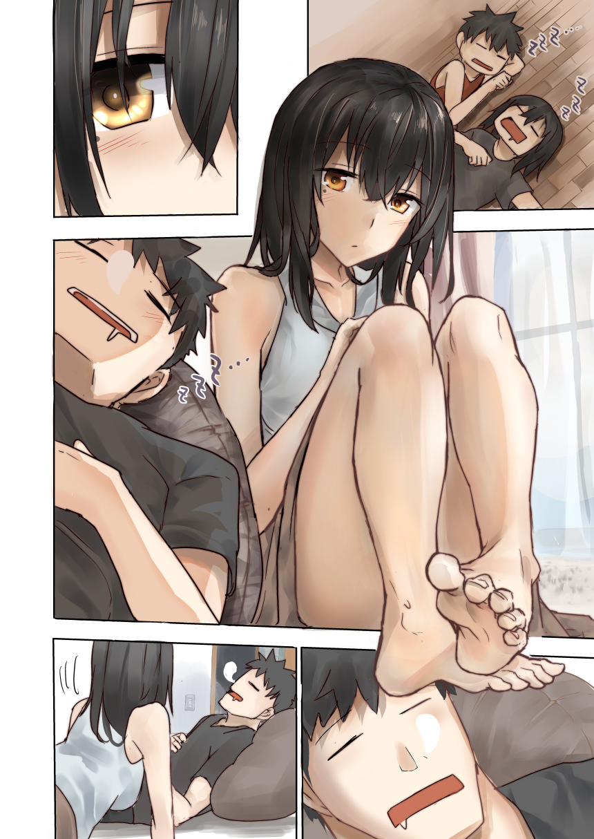 1boy 1girl araido_kagiri bangs black_hair black_shirt blue_shirt blush brown_eyes closed_eyes closed_mouth comic drooling eyebrows_visible_through_hair hair_between_eyes highres indoors legs legs_together long_hair looking_at_another nose_bubble open_mouth original shirt sidelocks sleeping sleeveless sleeveless_shirt soles toes waking_up