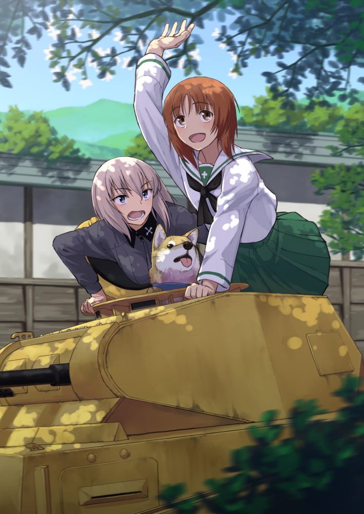 2girls arm_support bangs black_neckerchief blouse blue_eyes blurry brown_eyes brown_hair building commentary_request day depth_of_field dog dress_shirt eyebrows_visible_through_hair frown girls_und_panzer green_skirt grey_shirt ground_vehicle itsumi_erika kuromorimine_school_uniform leaning_forward long_hair long_sleeves looking_at_another military military_vehicle miniskirt motion_blur motor_vehicle multiple_girls nathaniel_pennel neckerchief nishizumi_miho ooarai_school_uniform open_mouth outdoors panzerkampfwagen_ii pleated_skirt reaching riding school_uniform serafuku shadow shirt short_hair silver_hair skirt sky smile standing tank tree vehicle_request welsh_corgi white_blouse