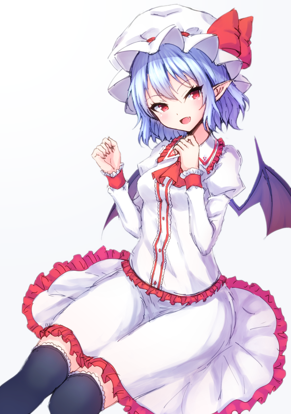 1girl bangs black_legwear blue_hair breasts dress fang frills grey_background hair_between_eyes hands_up hat highres juliet_sleeves junior27016 long_sleeves medium_breasts mob_cap over-kneehighs pointy_ears puffy_sleeves red_eyes remilia_scarlet short_hair sidelocks simple_background sitting solo thigh-highs thighs touhou tsurime white_dress wings