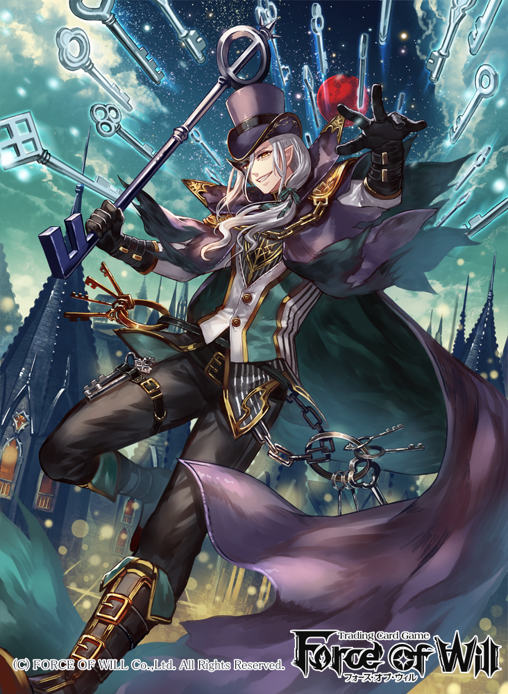 1boy boots cape clouds copyright_name force_of_will gloves hat key long_hair low_ponytail male_focus mask moon official_art orange_eyes pointy_ears sky solo sparkle star_(sky) teeth terai_(teraimorimori) torn_clothes white_hair