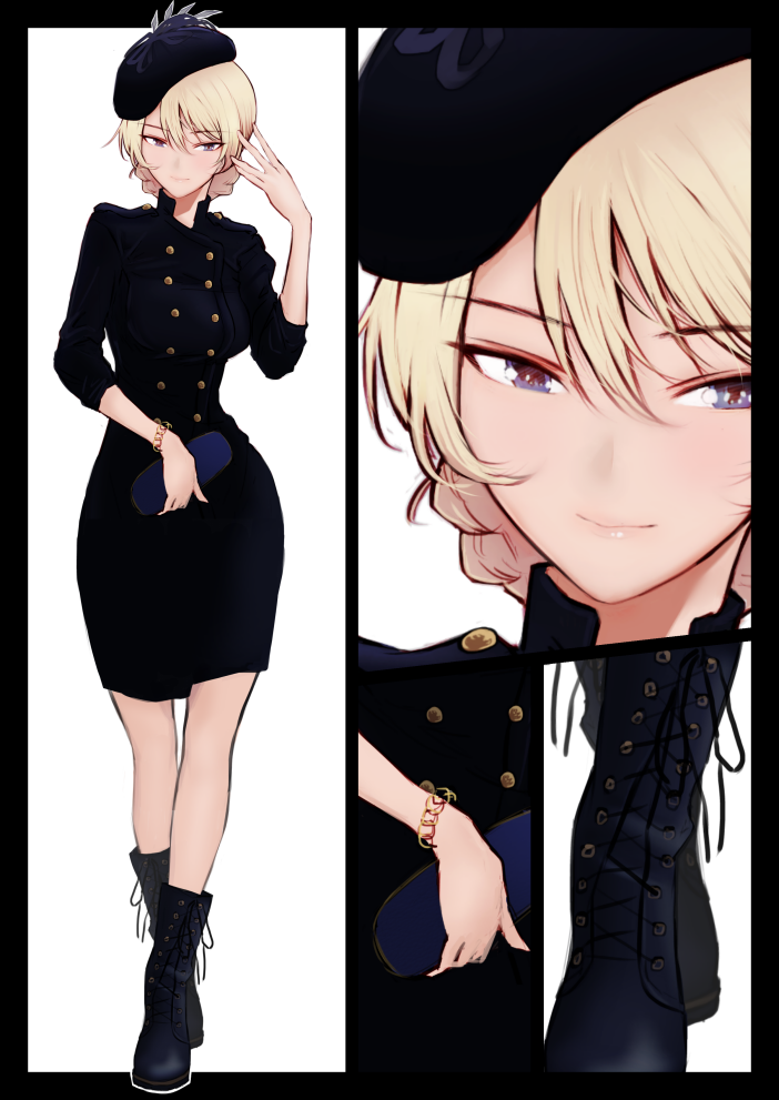 1girl bag bangs beret black_boots black_dress black_hat blonde_hair blue_eyes boots bracelet braid casual closed_mouth commentary_request cross-laced_footwear darjeeling dress epaulettes eyebrows_visible_through_hair formal girls_und_panzer handbag hat holding jewelry lace-up_boots light_smile long_sleeves looking_at_viewer medium_dress mityubi multiple_views short_hair solo standing tied_hair twin_braids